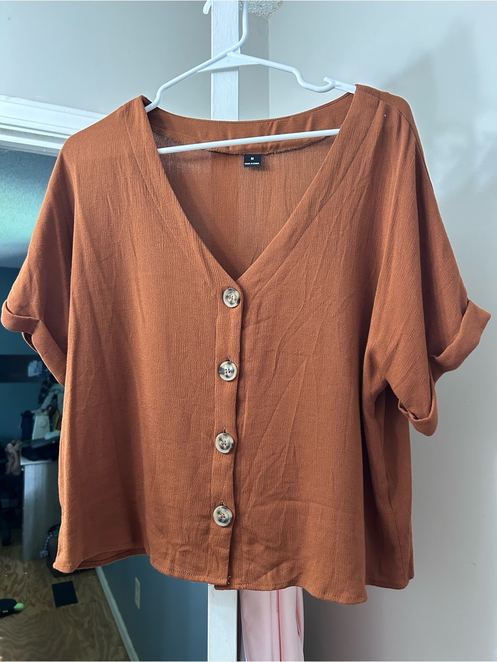 SHEIN Rust Button-Front V-Neck Blouse